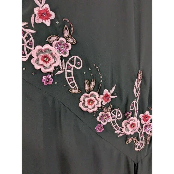 Y2K Floral Embroidered Handkerchief Hem Slip Dress Black Size 12 Bias Cut Fairy - Picture 5 of 9